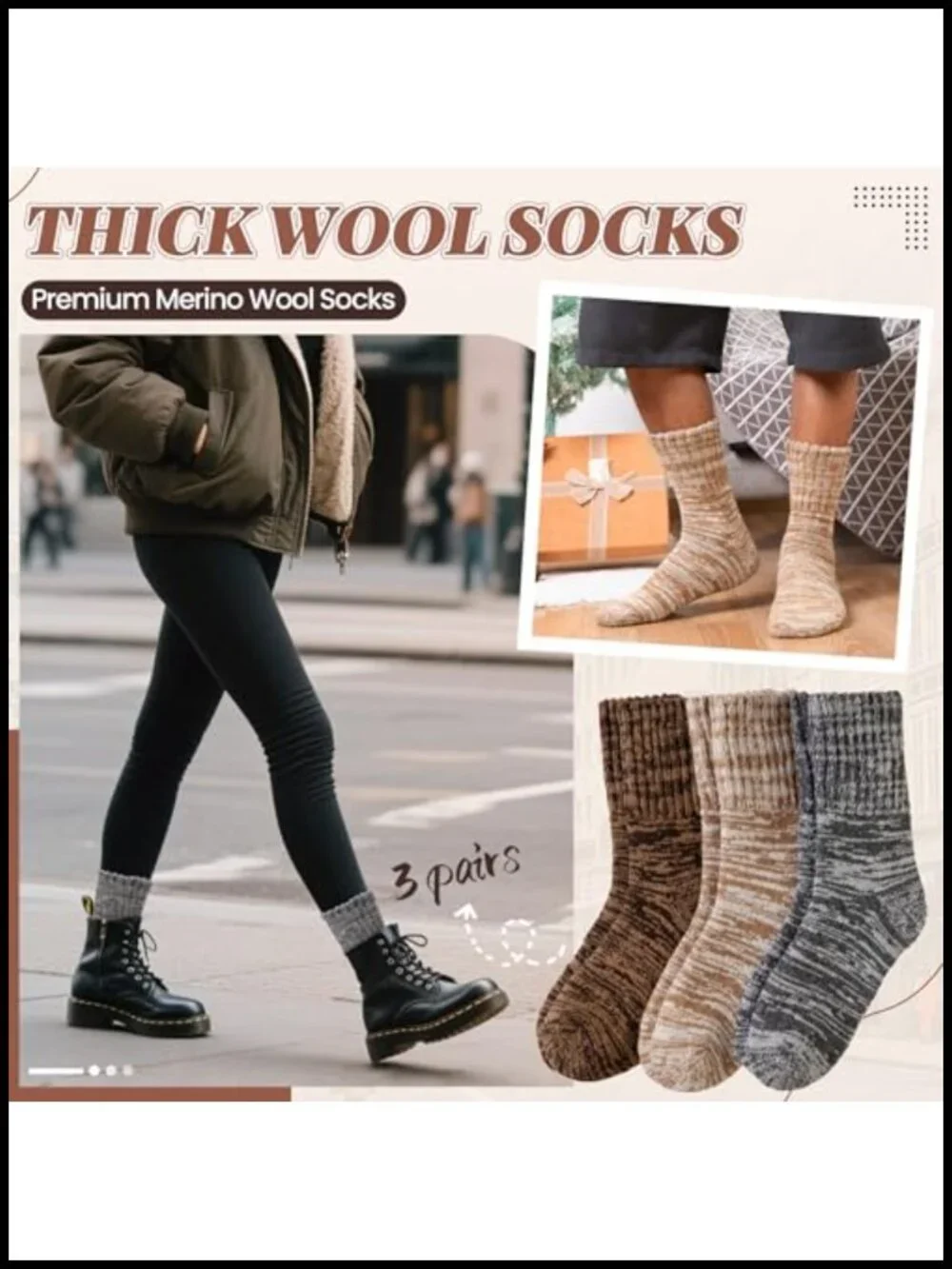 Merino Wool Thermal Hiking Socks 3 Pairs Winter Thick Warm Women Men